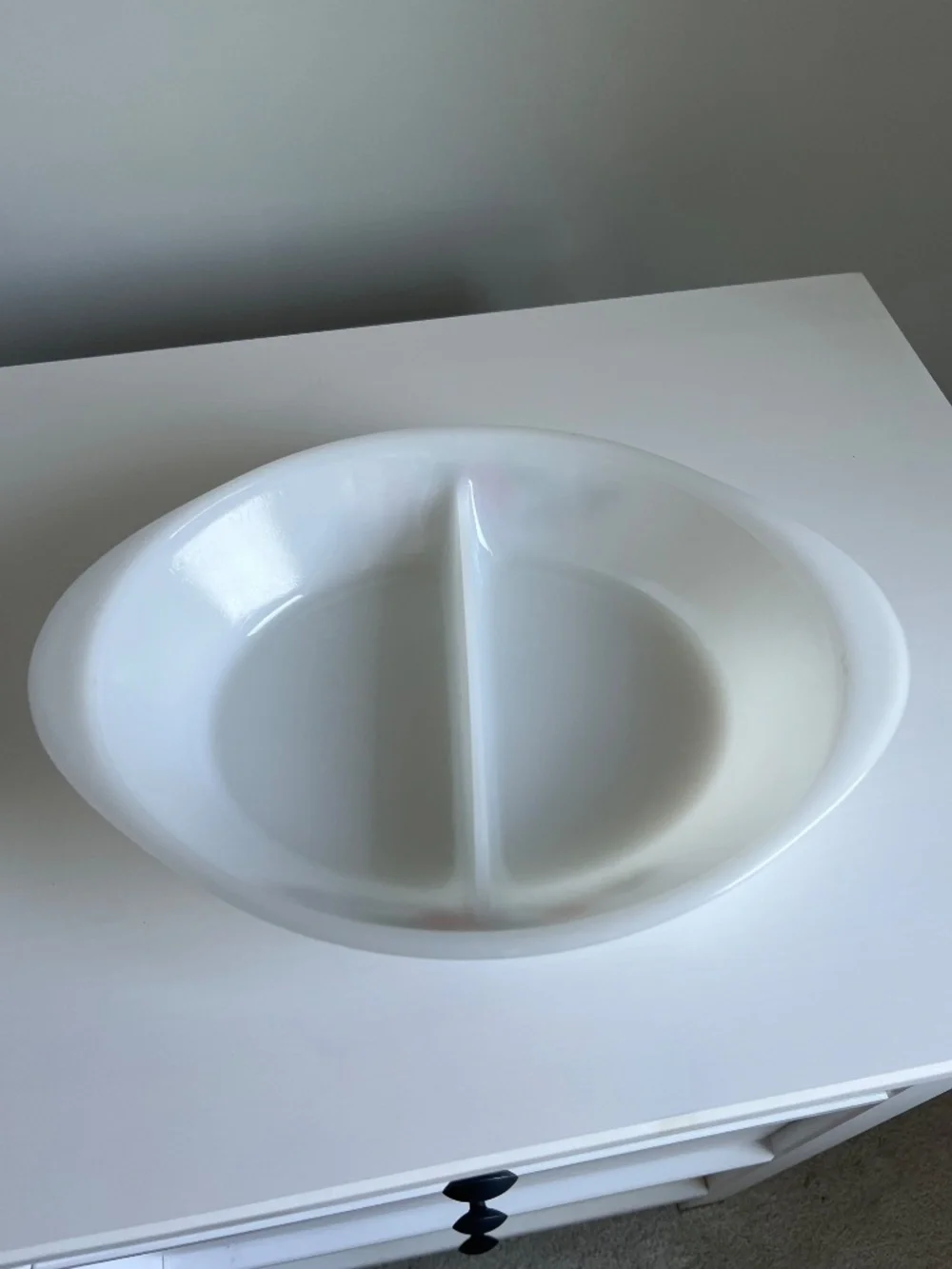 Vintage Glassbake milk glass divided casserole dish J2352.